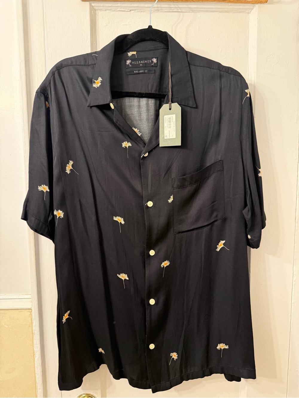 All Saints Black Short-Sleeve Daisy-Print Button Shirt
